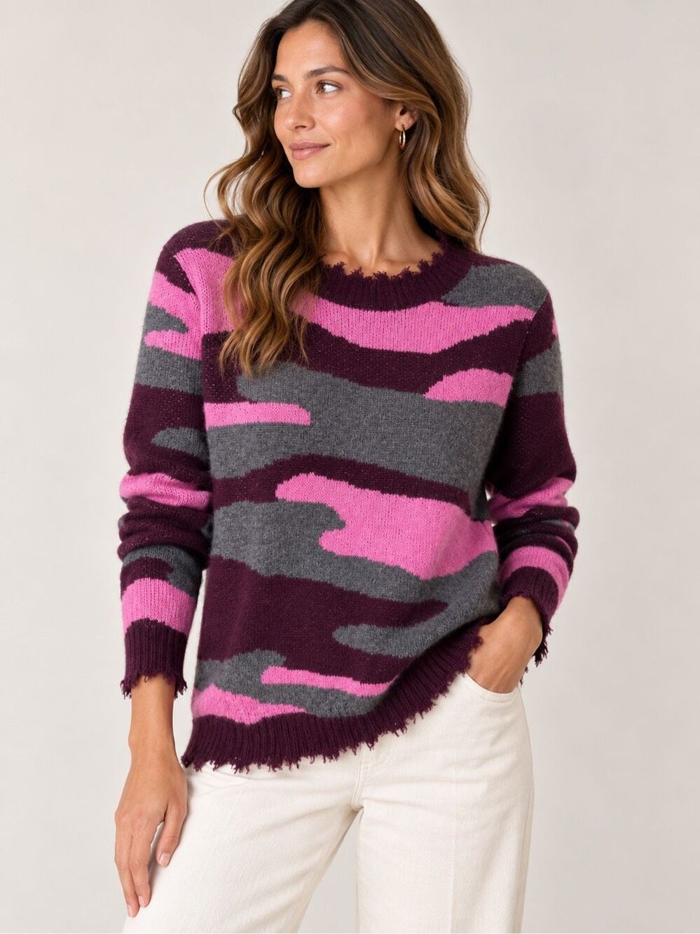 Aqua 100% Cashmere Sweater Camouflage Size Medium Pink Purple Gray Distressed